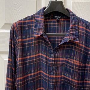 Lucky Brand Women's XL Navy Pink & Gold Plaid Flannel Tunic Shirt Split Tail